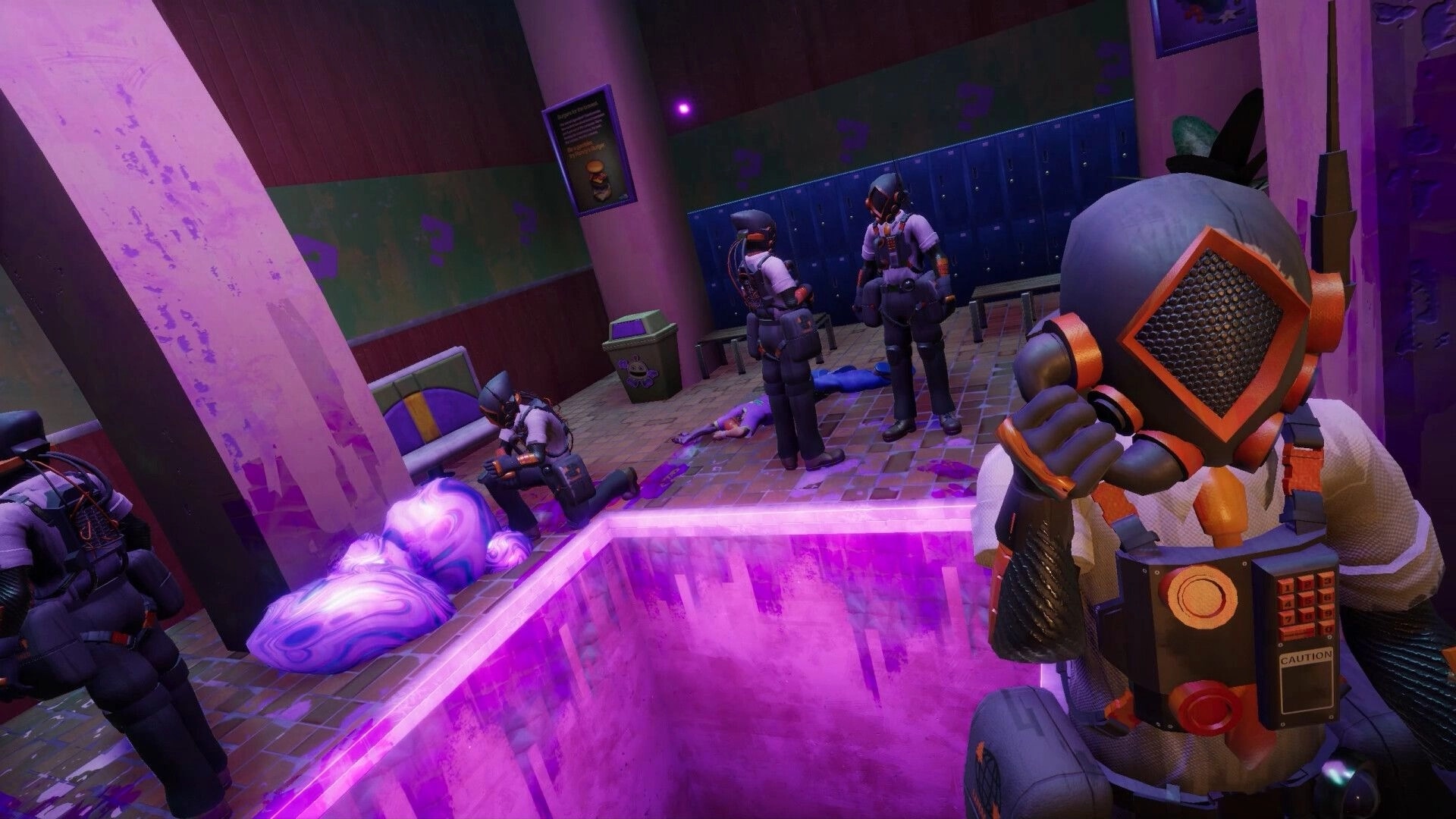 Sydless: Masked characters investigate glowing purple residue in neon-lit fast-food restaurant hallway