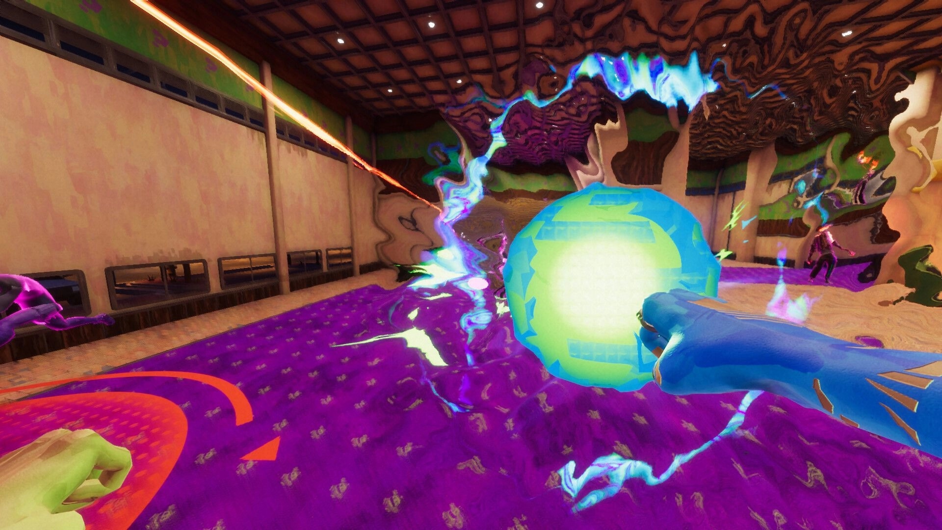 Sydless: Diego punches a glowing ball in a distorted fast-food restaurant, surrounded by vivid colors.