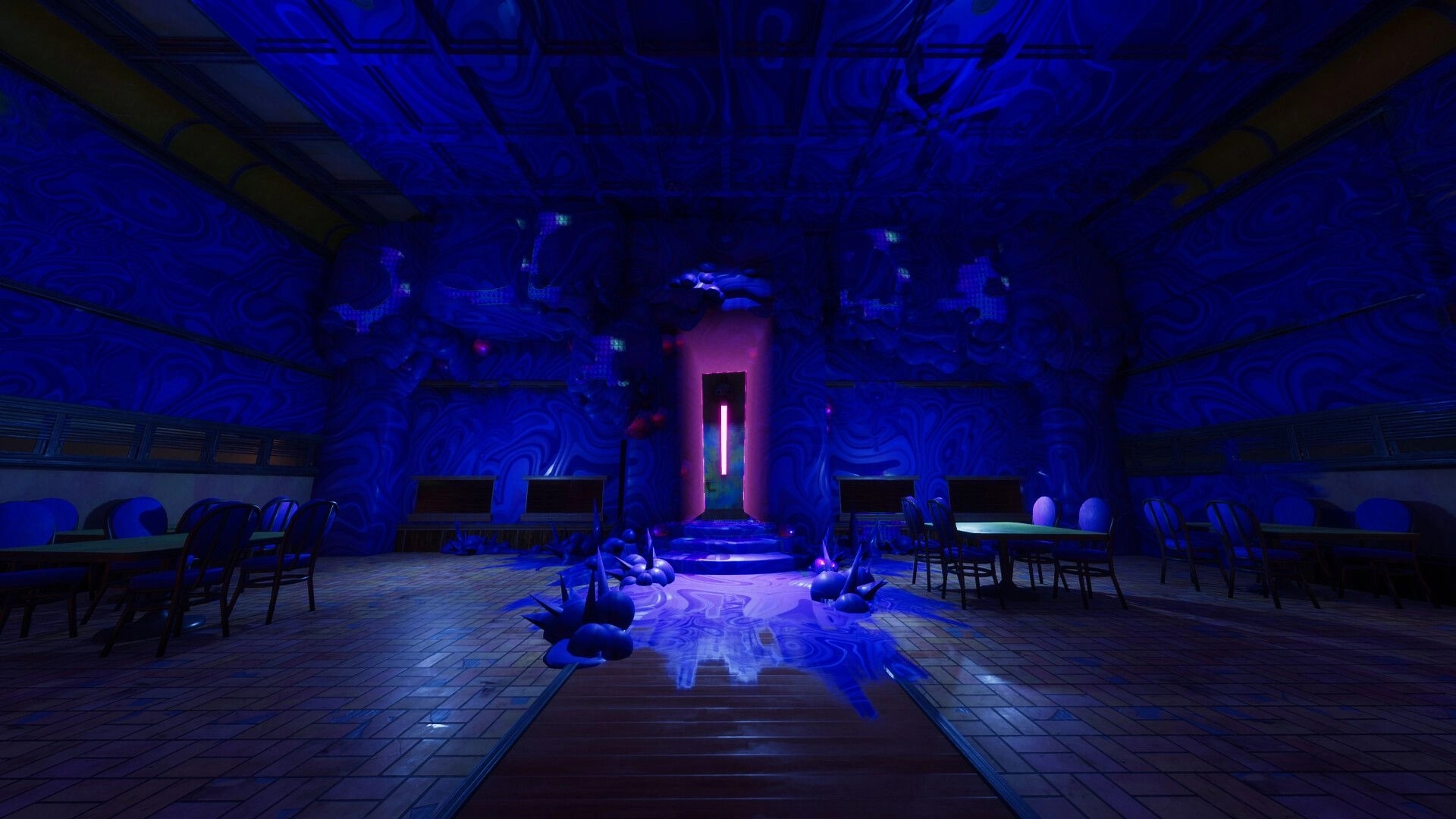 Sydless: A surreal, neon-lit fast-food restaurant interior with warped walls and glowing central doorway.