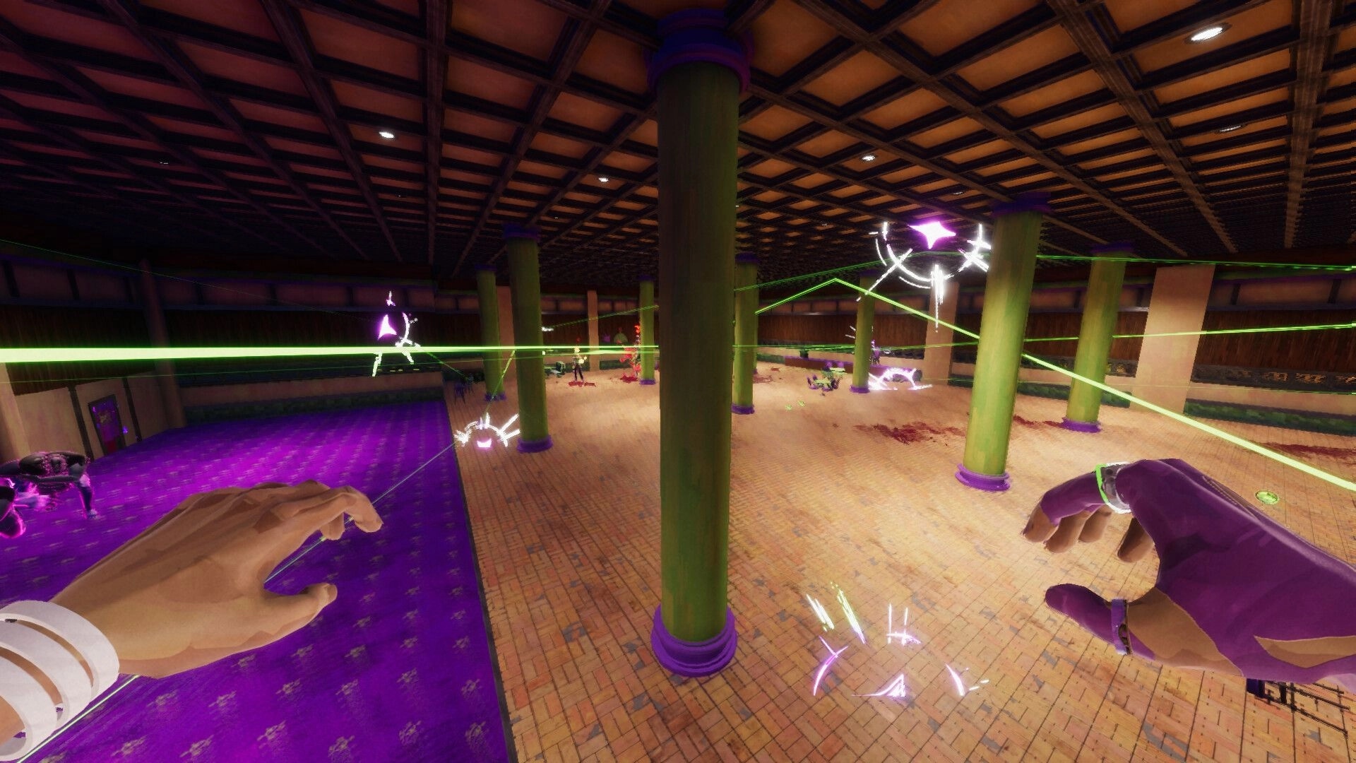 Sydless: Diego launches glowing ball in vibrant fast-food restaurant with green pillars and purple carpet