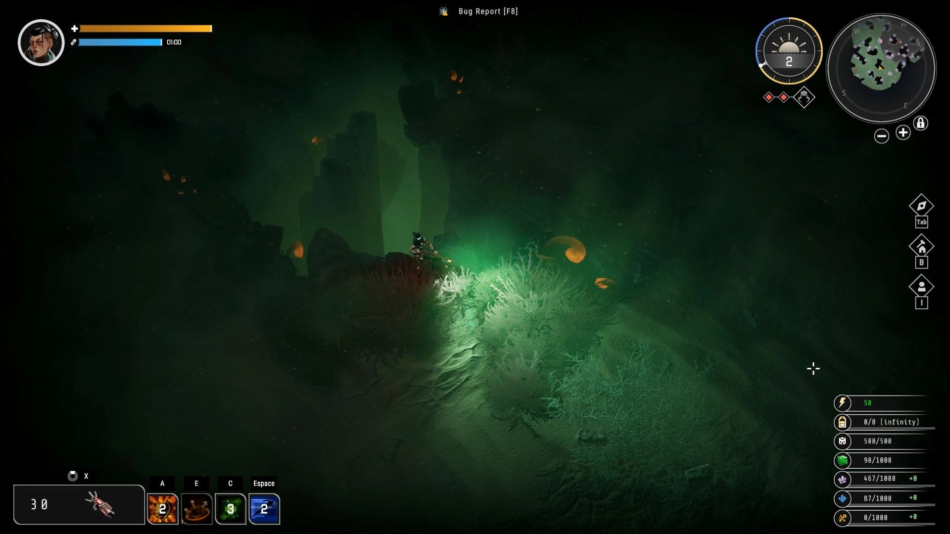 Symbiosis: Player aims rifle in green foggy alien swamp, minimap and skill hotbar visible.