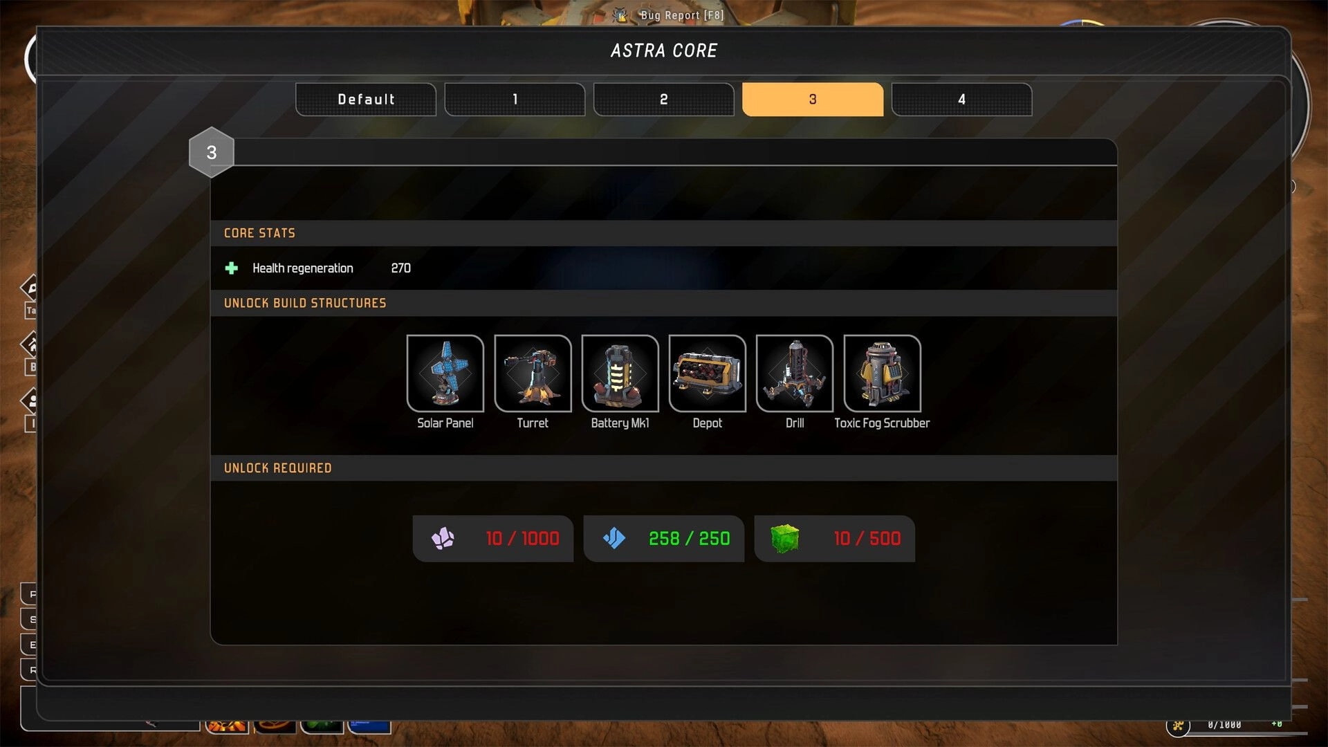 Symbiosis: Astra Core upgrade menu showing core stats and build unlock icons on a desert backdrop.