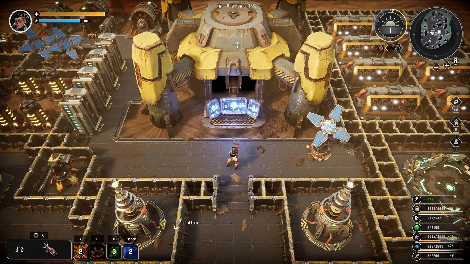 Symbiosis: Top-down base hub with player at central gate, minimap and hotbar UI over metal walls.