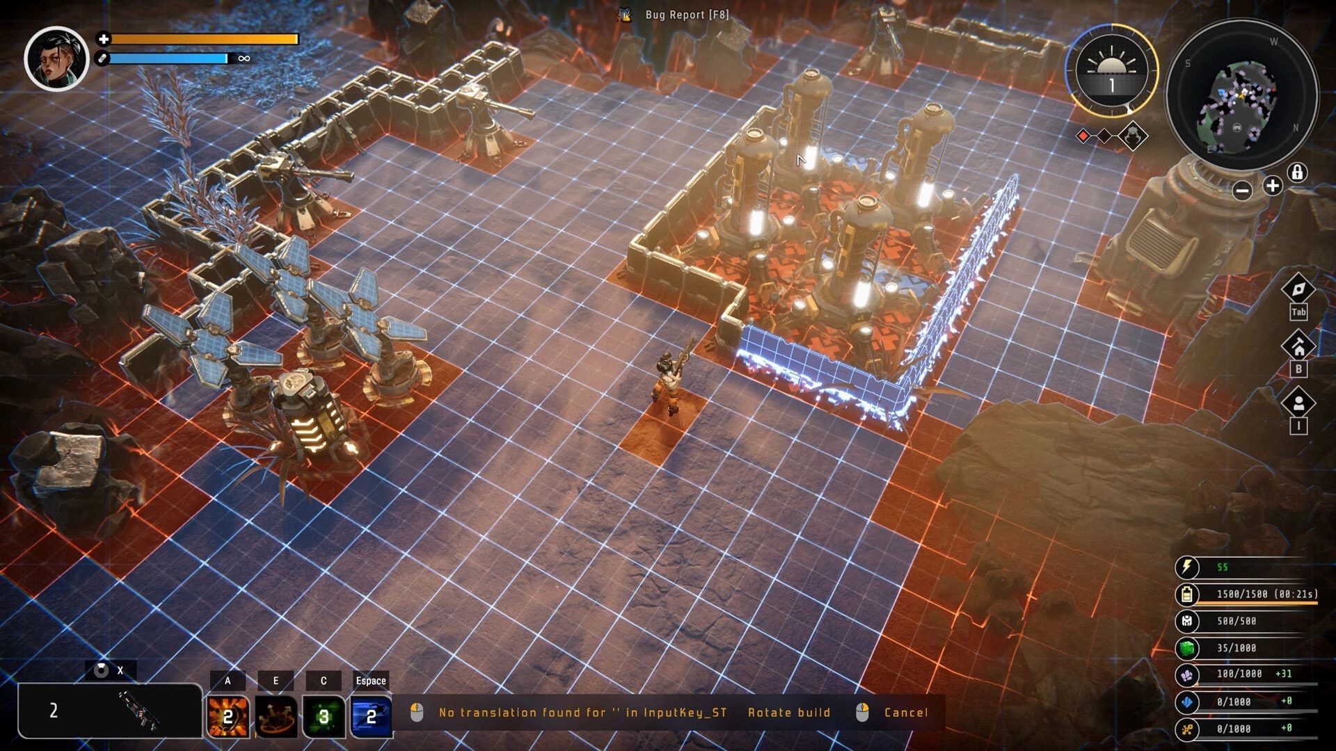 Symbiosis: Base building grid with walls, turrets and generators on rocky alien terrain HUD visible.