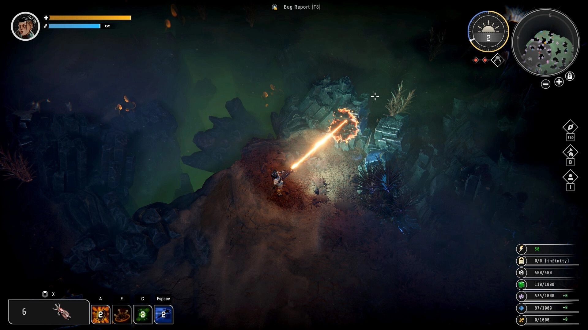 Symbiosis: Top-down shooter firing a laser at rocky ledge in dark cavern, minimap and hotbar UI visible.