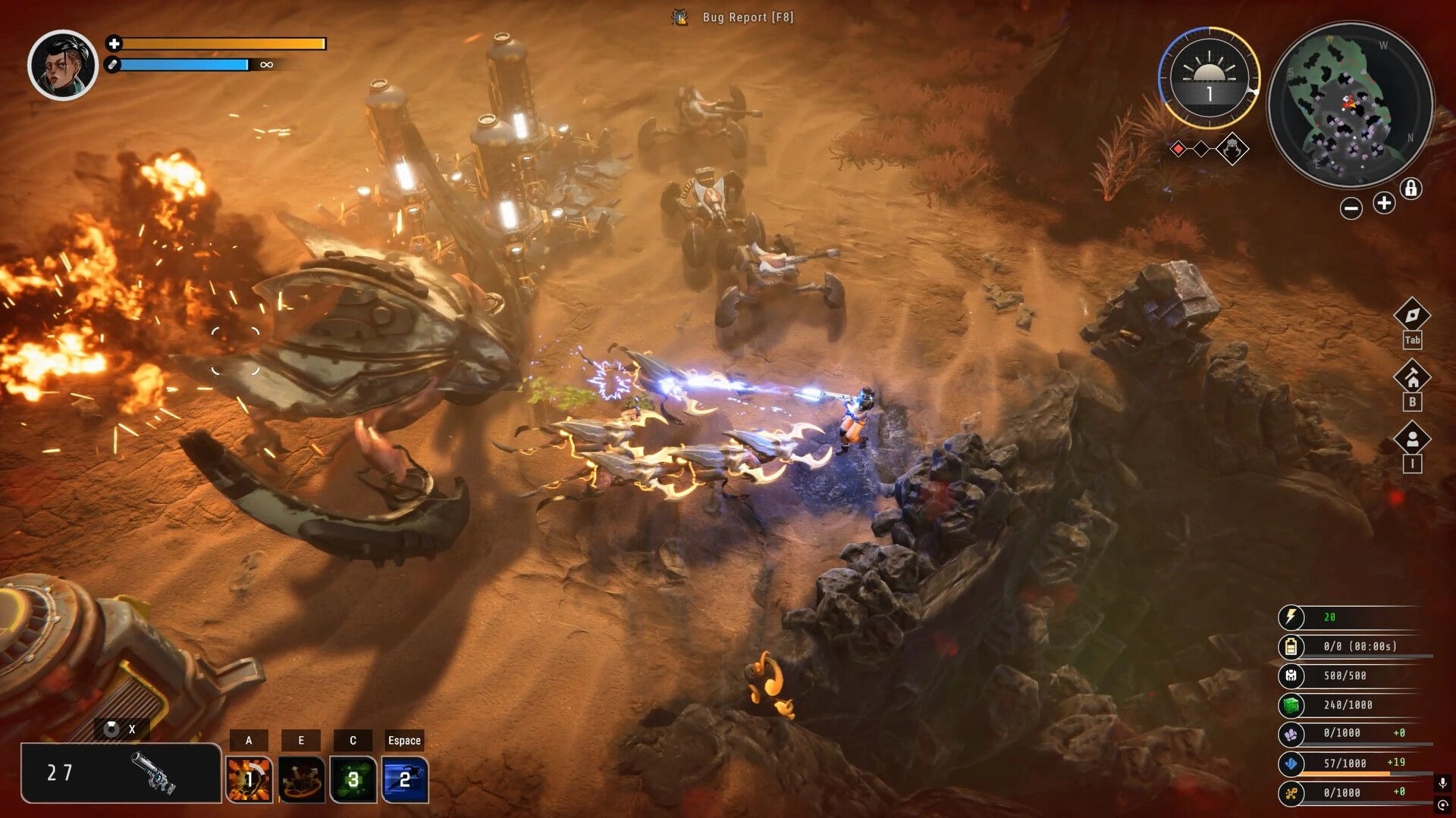 Symbiosis: Top-down firefight with energy beam at crab bots in a sandy canyon, minimap HUD visible.