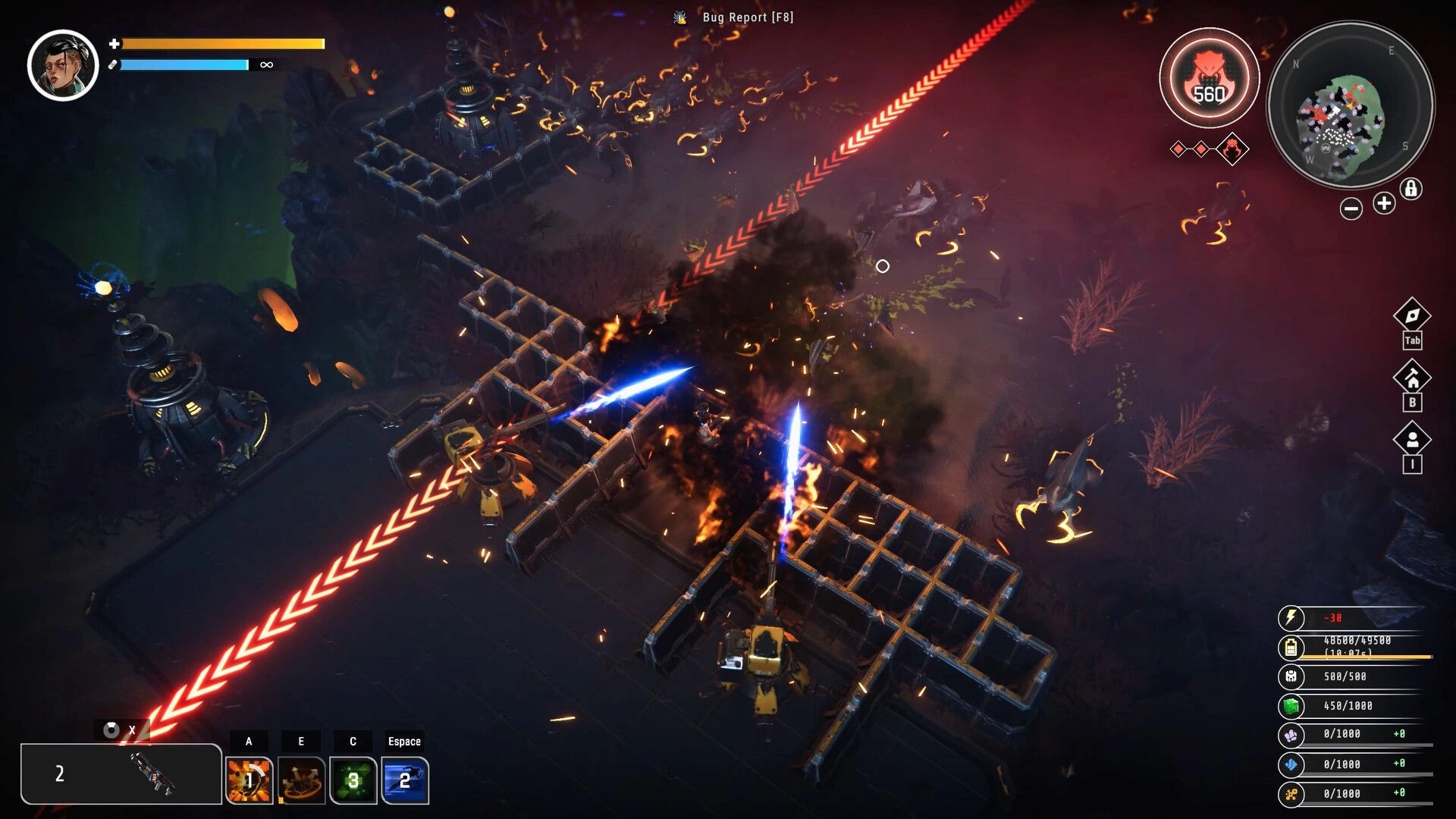 Symbiosis: Top-down base defense with turrets firing amid explosions in a walled alien outpost HUD.
