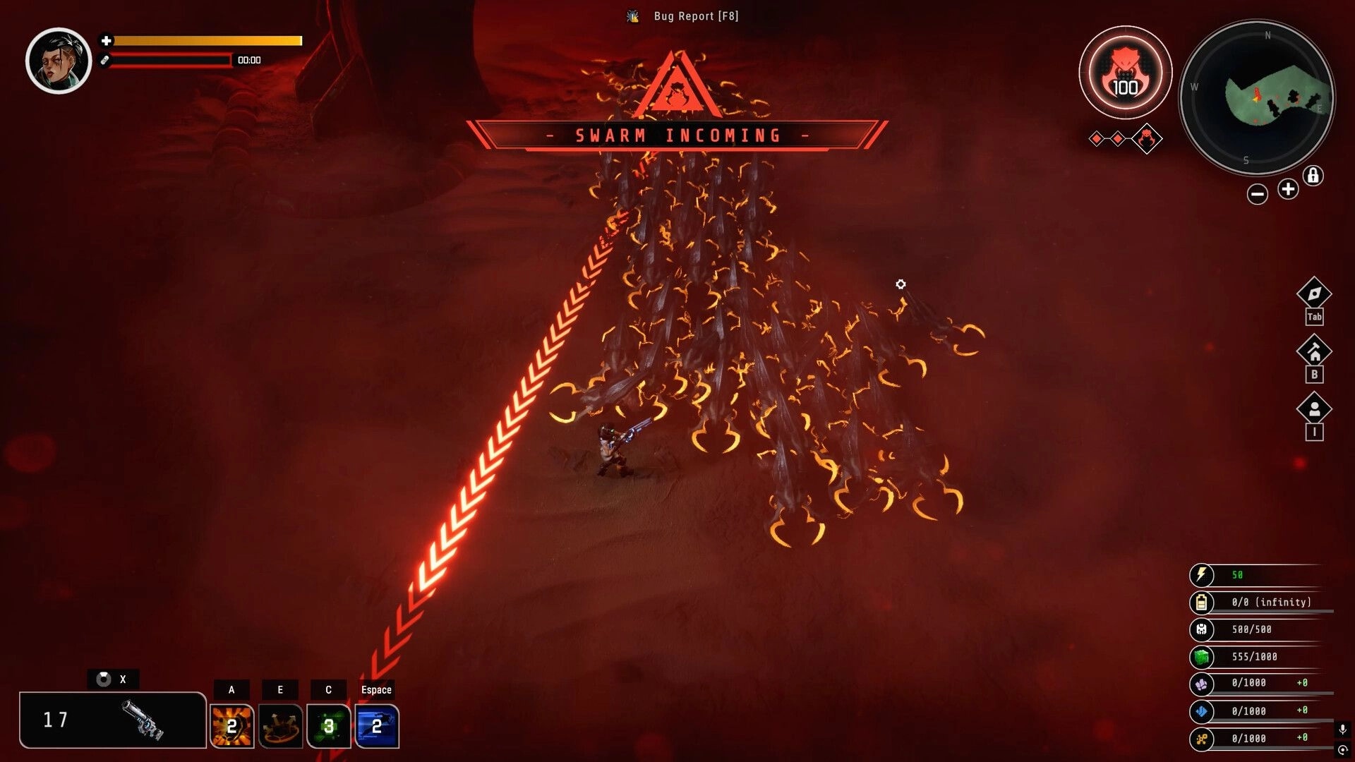 Symbiosis: Swarm Incoming alert as player aims rifle at glowing enemies in a red desert arena HUD.