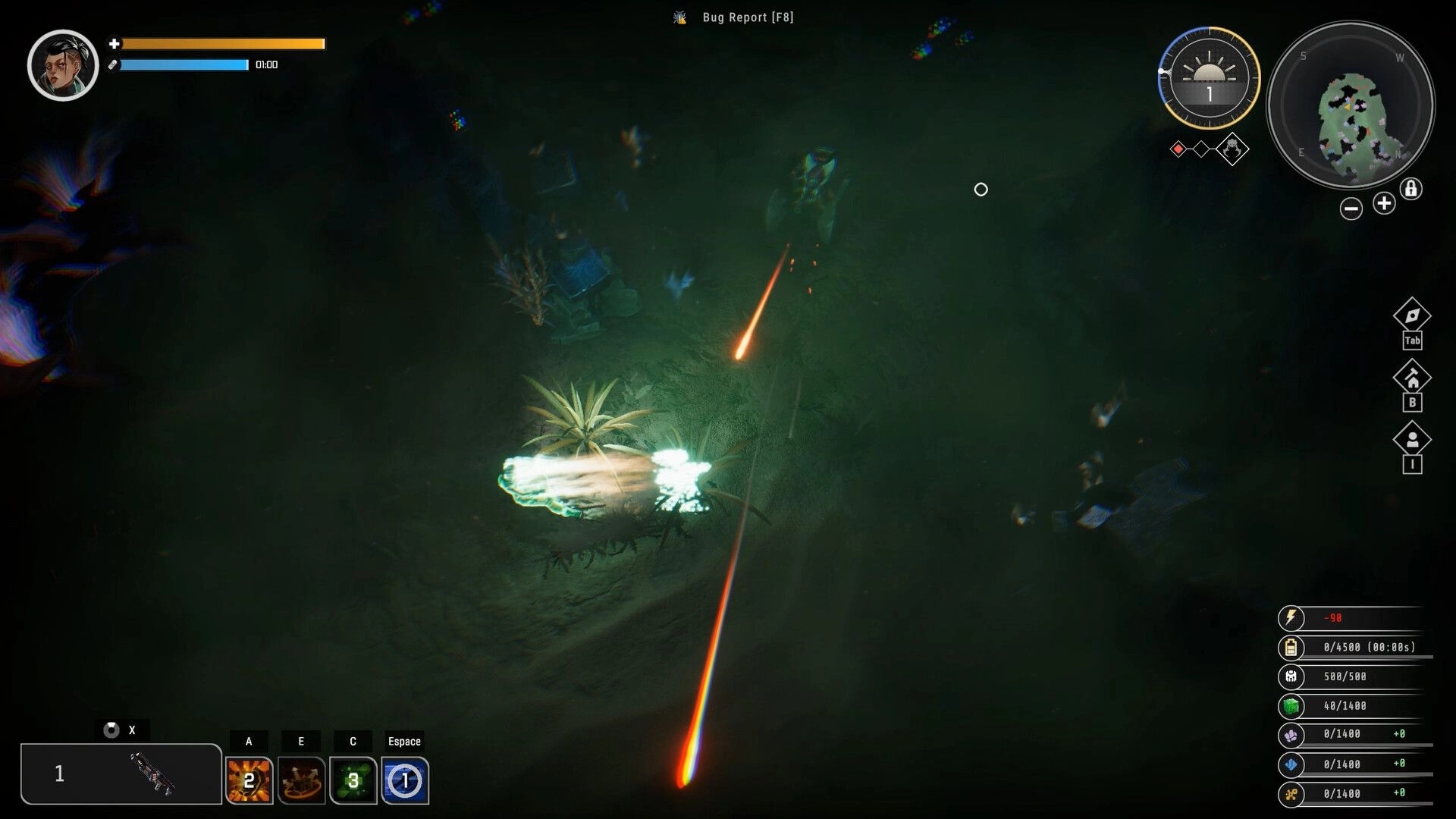 Symbiosis: Top-down firefight with tracer rounds in a dark jungle, minimap and skill bar UI visible.