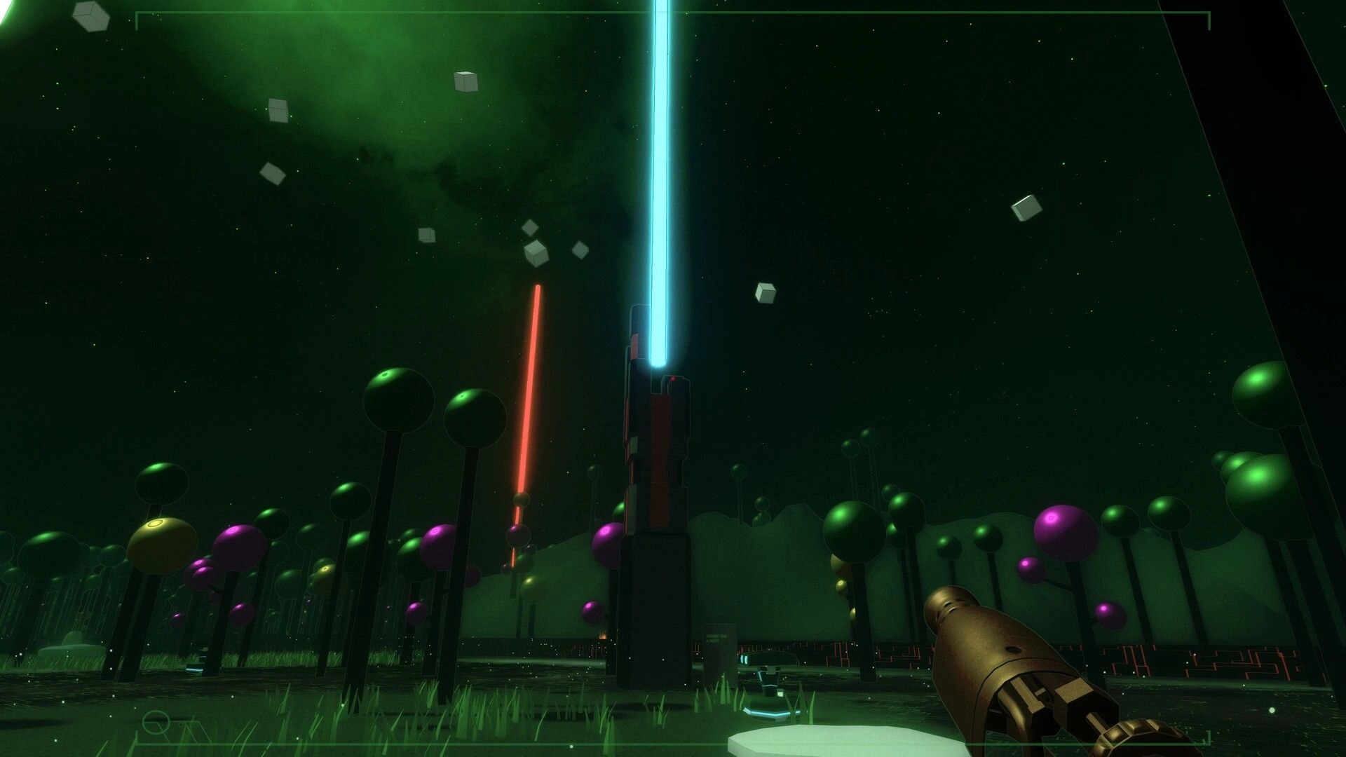 SYNCO PATH: Enigmatic robot observes glowing towers under night sky in a forest of colorful spheres