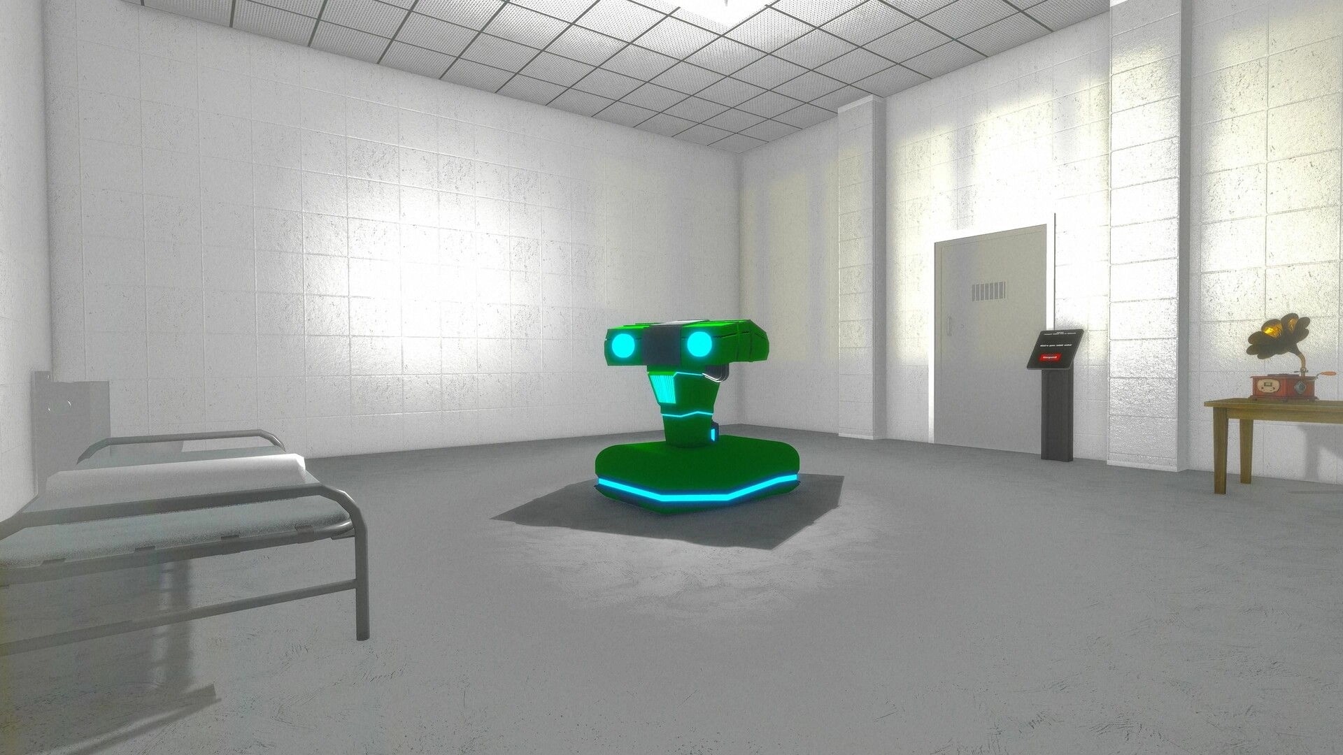 SYNCO PATH: Enigmatic robot stands in a stark prison cell with a bed, table, and control panel nearby