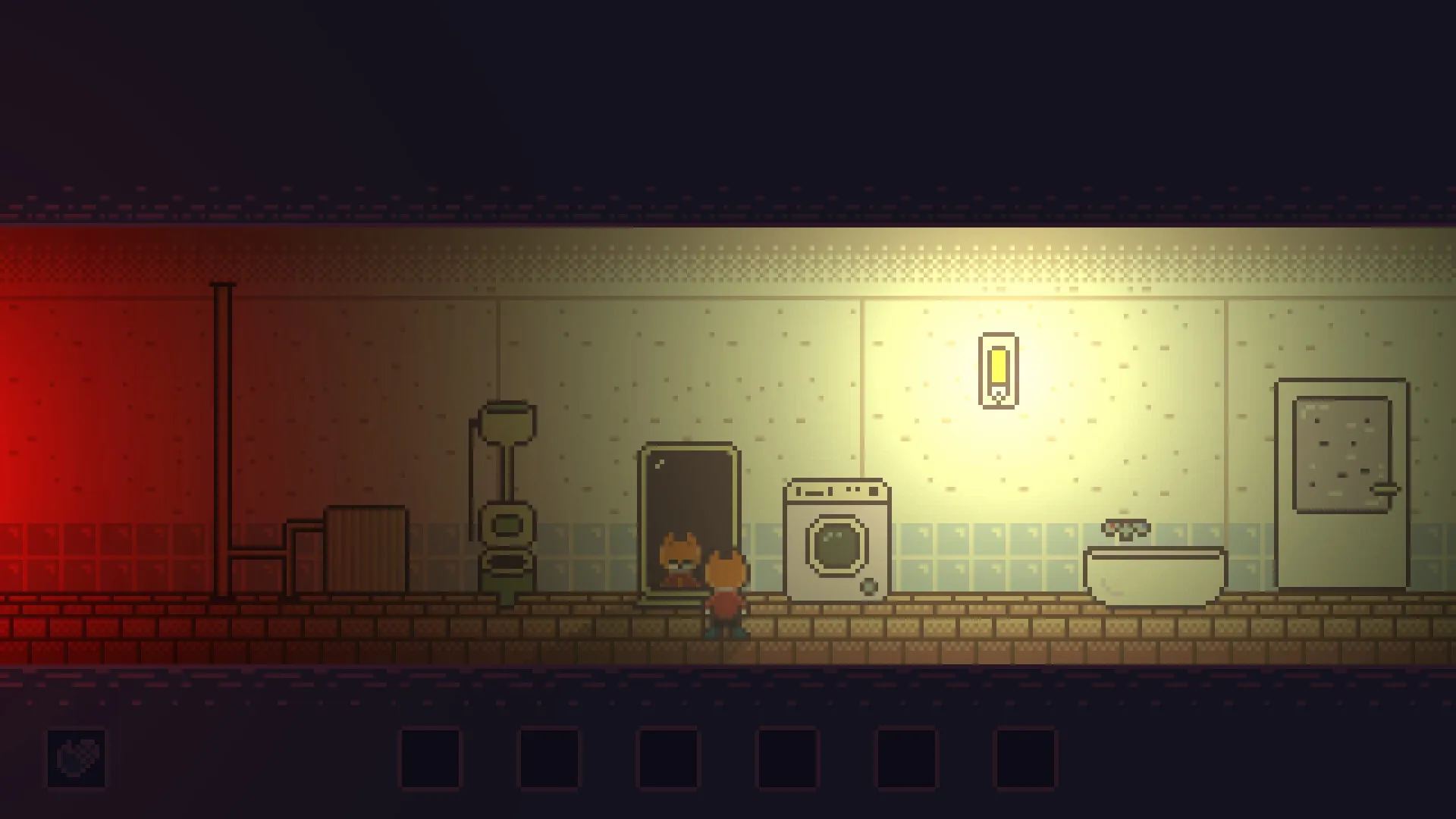SYNTAXIA: Character facing mirror in dimly lit bathroom with washing machine and bathtub nearby