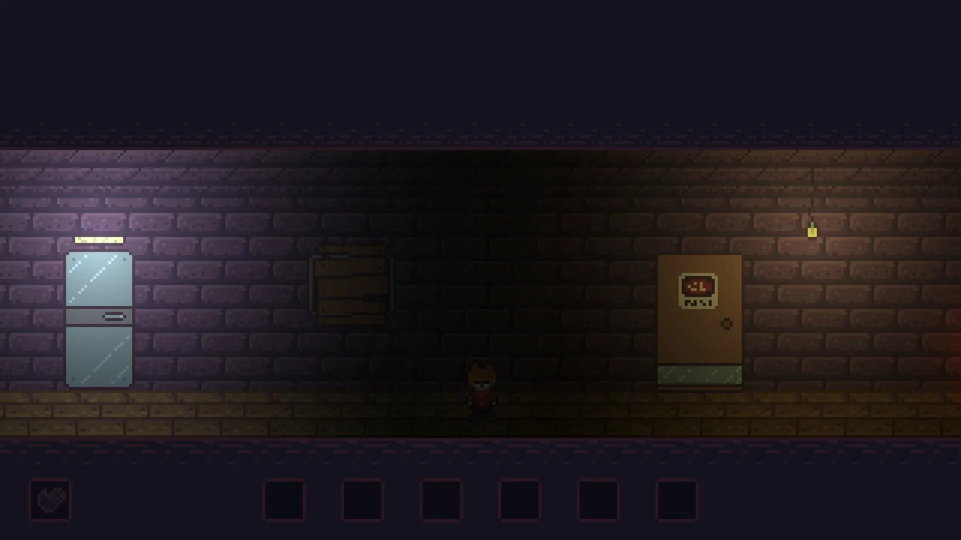 SYNTAXIA: Character stands in a dimly lit brick hallway with a fridge and a door under a hanging bulb