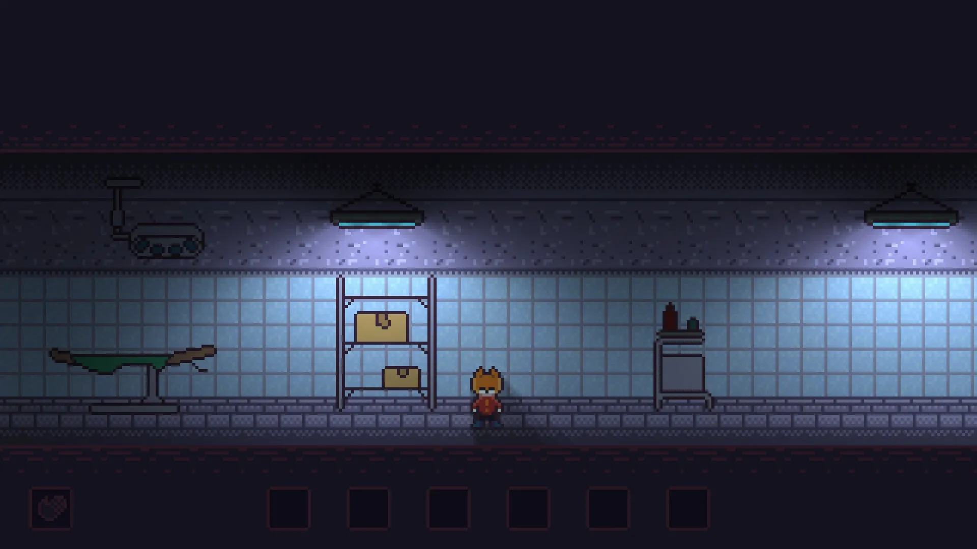 SYNTAXIA: Character stands in dimly lit, tiled room with shelves and medical equipment in a basement.