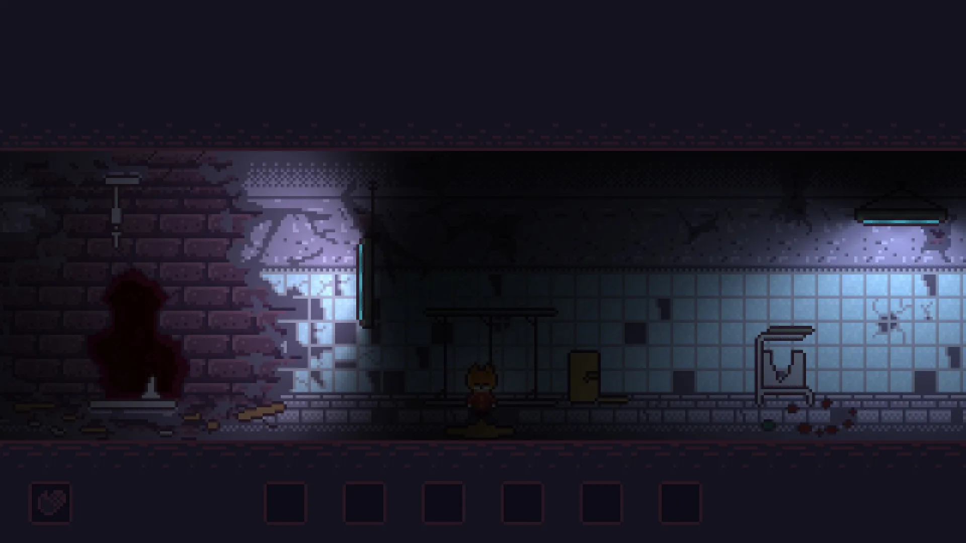SYNTAXIA: Character in dark, decayed room with broken walls, eerie light, and empty inventory slots.