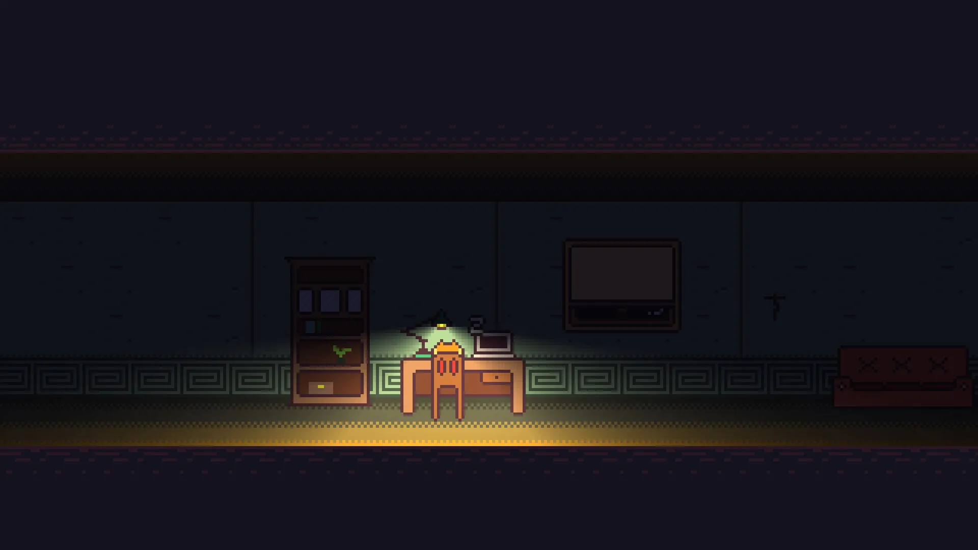 SYNTAXIA: Dimly lit room with a glowing desk lamp illuminating a desk, chair, and nearby furniture