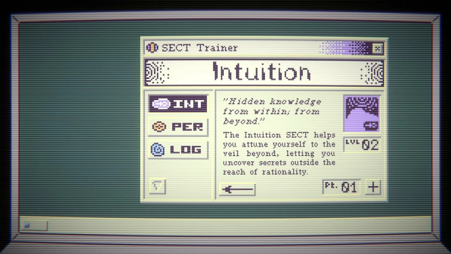 SYNTAXIA: SECT Trainer interface displaying Intuition upgrade options and attributes on a retro screen.