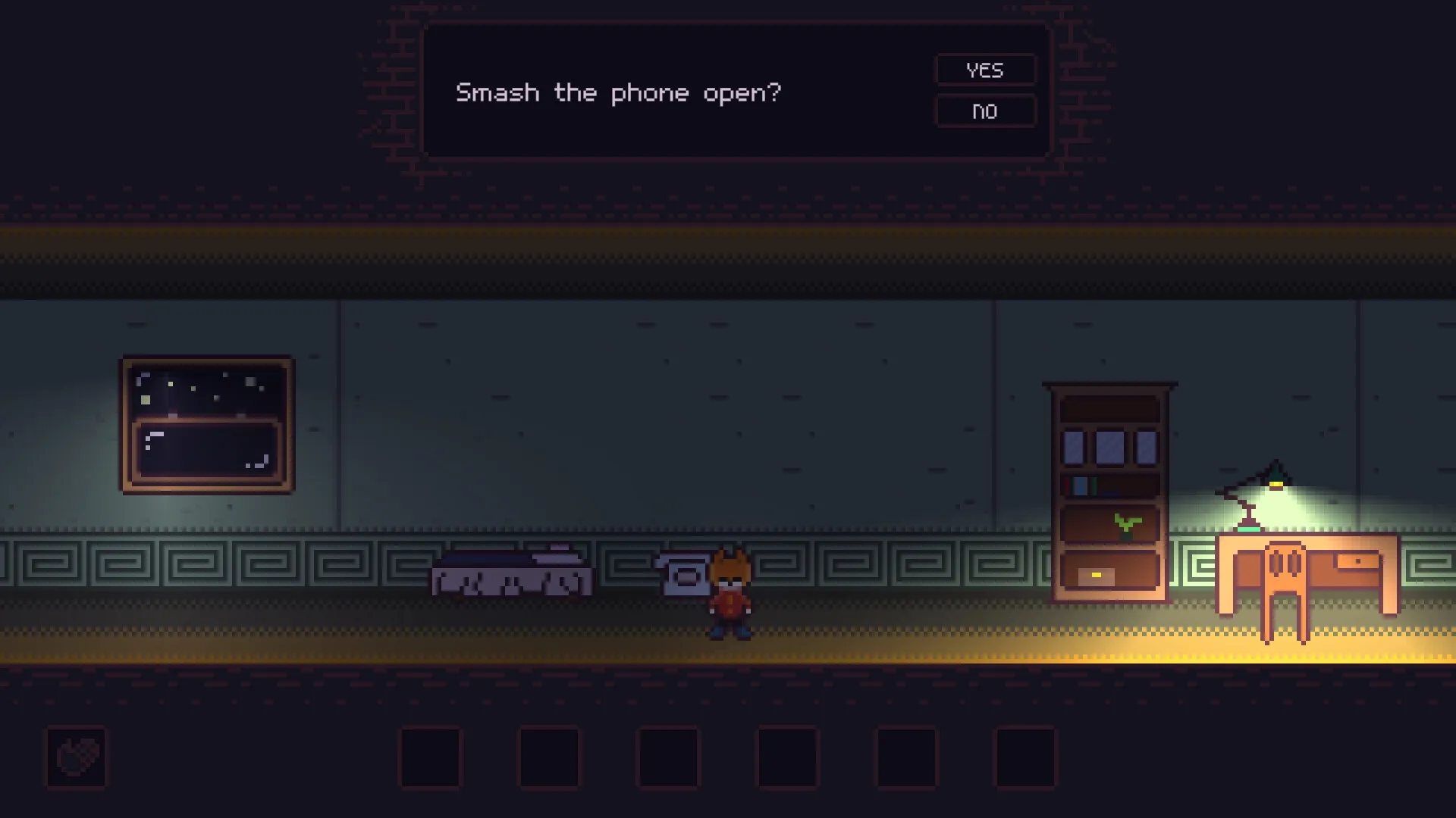 SYNTAXIA: Character decides whether to smash phone in dimly lit room with desk and lamp nearby