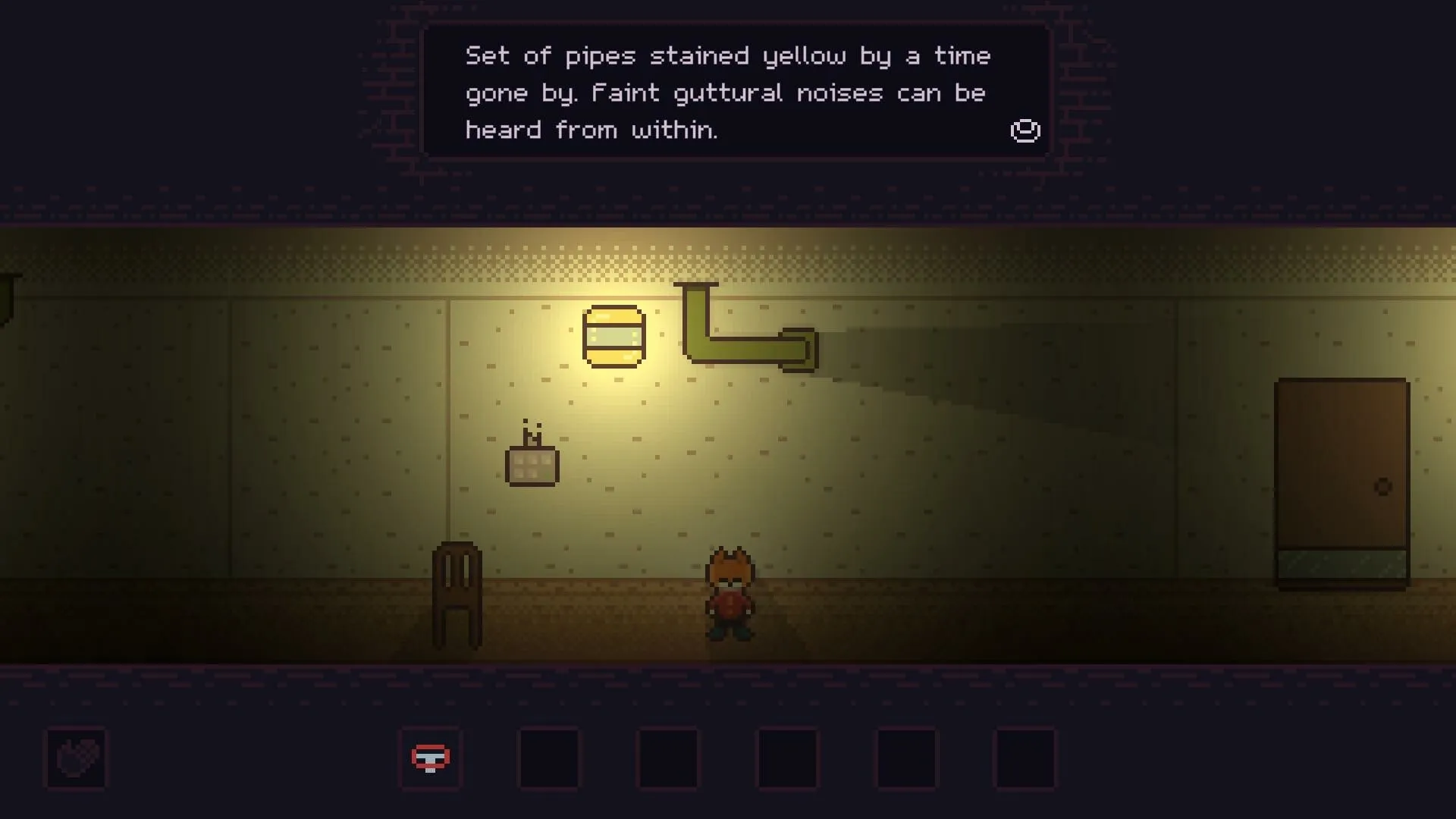 SYNTAXIA: Character stands in dimly lit room with pipes and door, text dialogue visible at top.