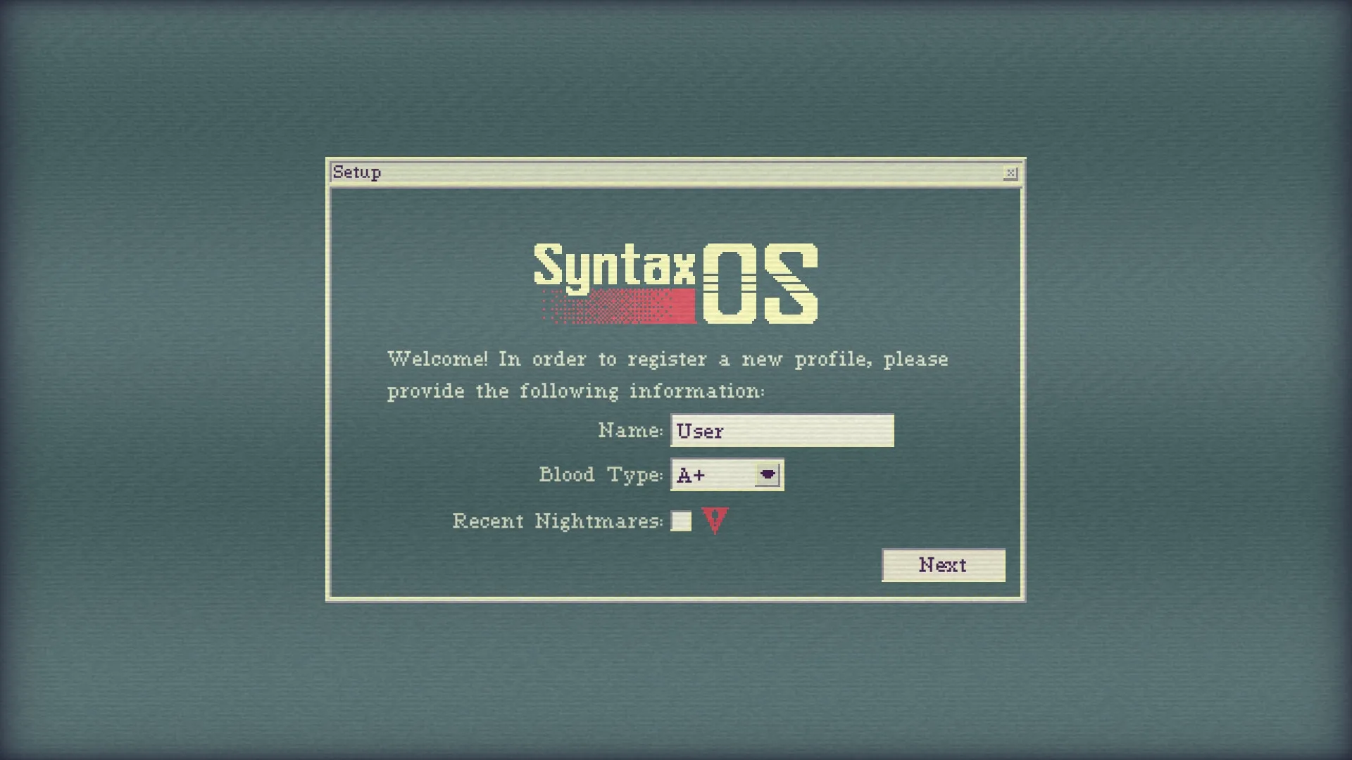 SYNTAXIA: Setup screen with fields for name, blood type, and recent nightmares input on SyntaxOS interface