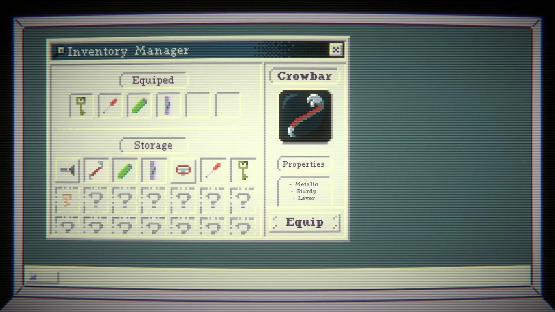 SYNTAXIA: Inventory Manager screen displaying equipped crowbar with properties and storage slots