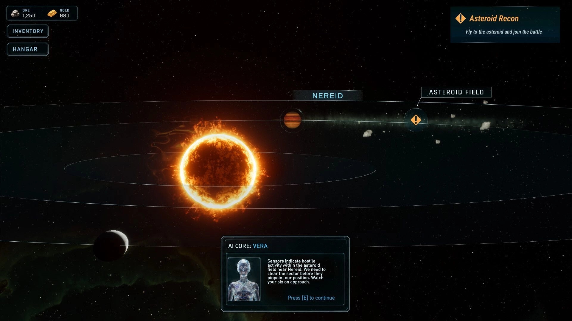 Synvector: Star map with Nereid system and Asteroid Recon marker in a spacefield interface.