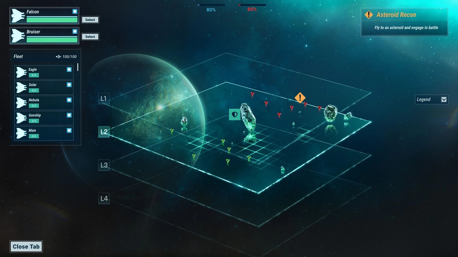 Synvector: Fleet command map with ship list and Asteroid Recon objective over a 3D space grid.