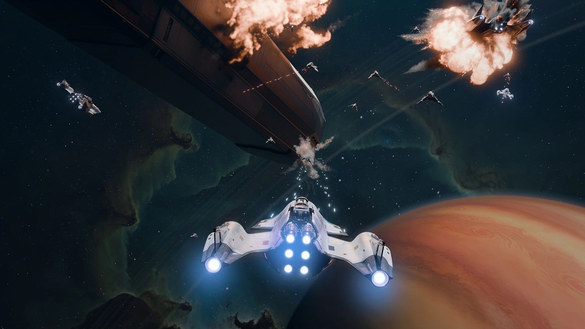 Synvector: Fighter squadron attacks a massive capital ship amid explosions above a red planet in space.