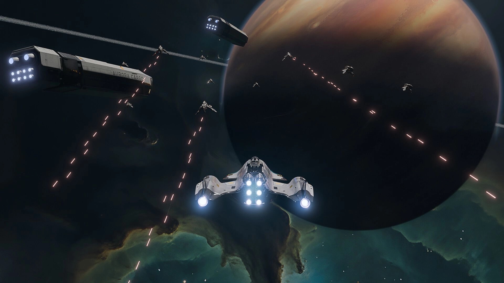 Synvector: Fighter squadron escorts a cargo ship in orbit, laser fire streaking past a gas giant.