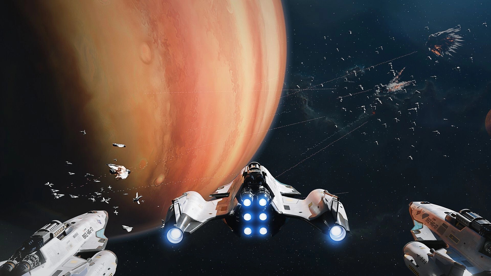Synvector: Fleet of white starfighters engaging a swarm near a huge orange planet in space.