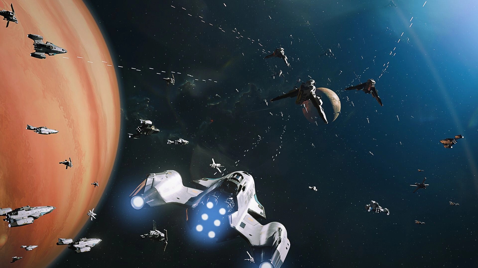 Synvector: Fleet of starships in formation with engine trails in deep space near a red planet.