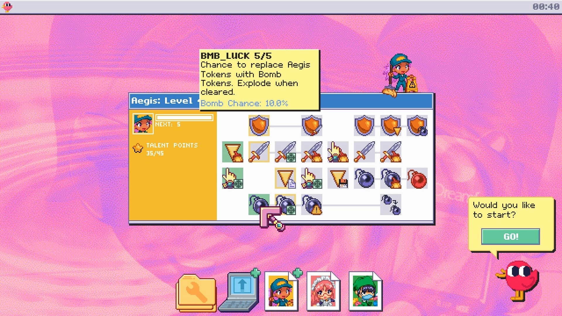 sys: Aegis skill tree menu with OMB_LUCK tooltip and GO prompt on pink desktop background.