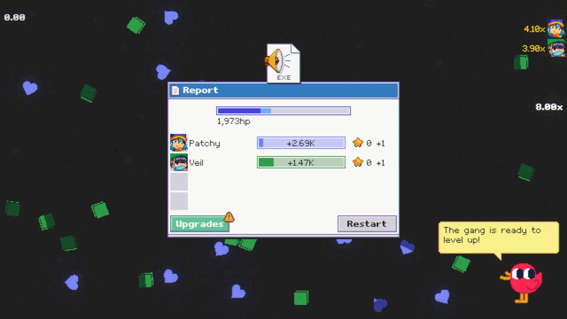 sys: Report results window with Patchy and Veil gains, upgrades and restart buttons on dark field.