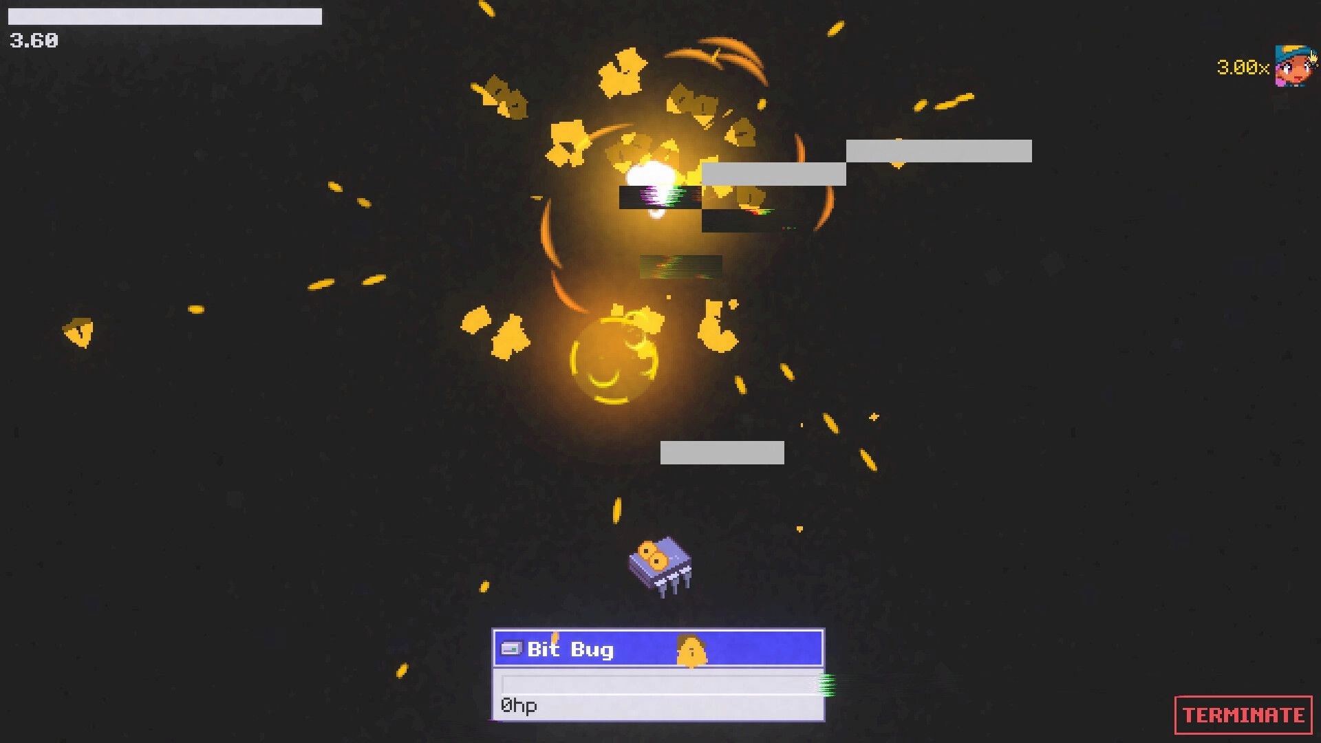 sys: Bit Bug combat with glowing explosions and glitch bars in dark void arena, TERMINATE button UI.