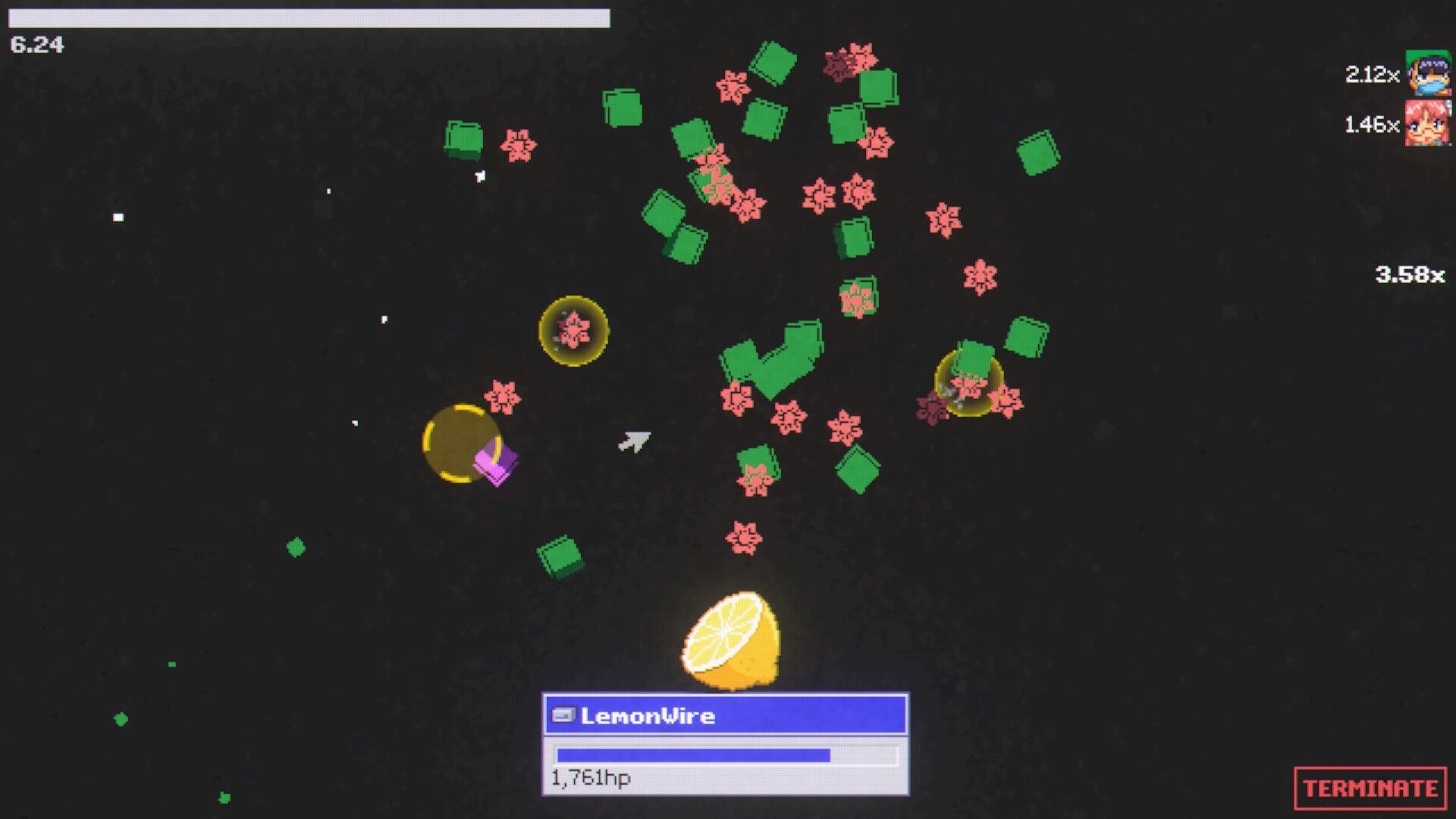sys: LemonWire boss fight with swarming green squares and pink hazards in a dark system arena UI.