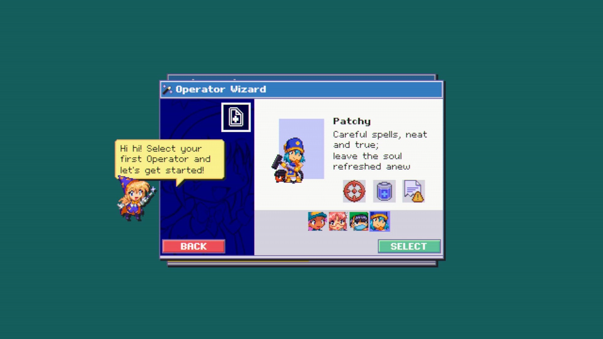 sys: Operator Wizard menu selecting Patchy operator, with character portraits and Back/Select buttons.