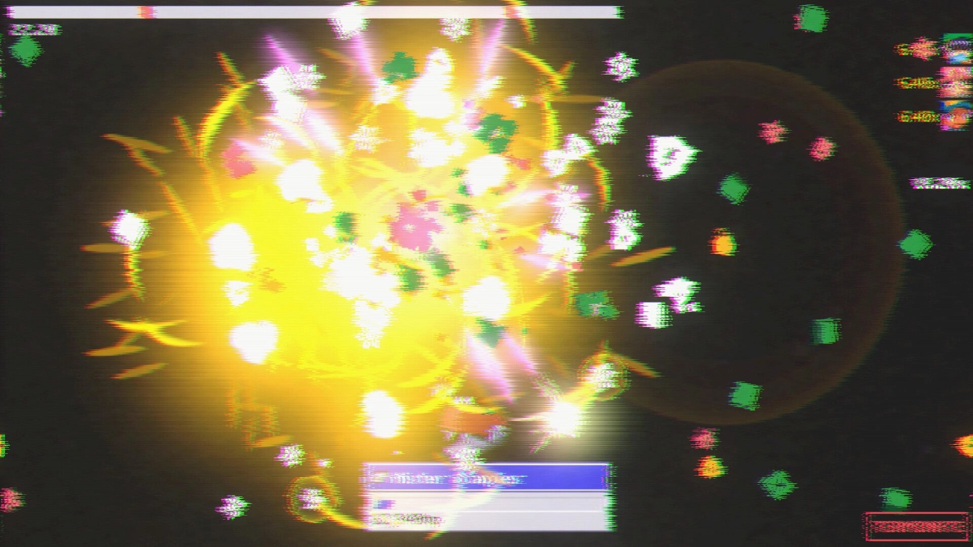 sys: Bright explosion blasting pixel shapes with glitchy particles over dark desktop-style battlefield UI.