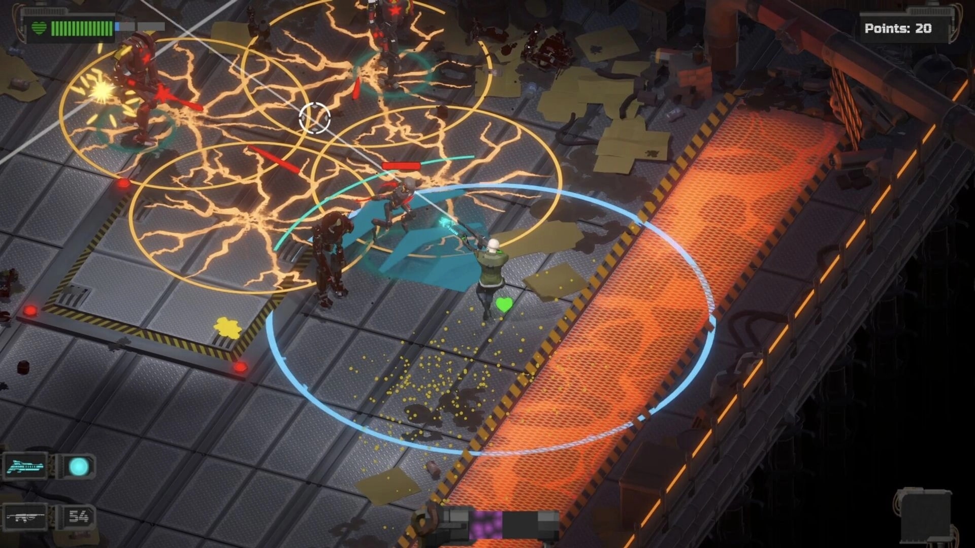 System Breakdown: Player shoots robots amid electric hazard circles on a metal platform, Points 20 HUD.
