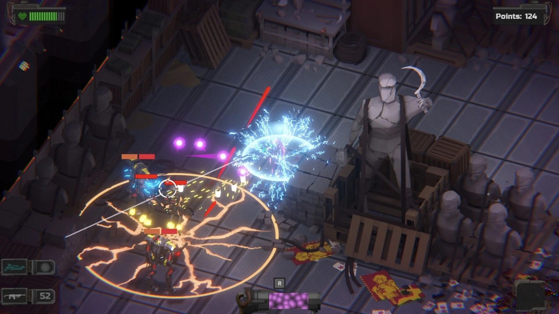 System Breakdown: Player battles robots amid electric blasts and AoE circle in a ruined factory arena UI points 124.