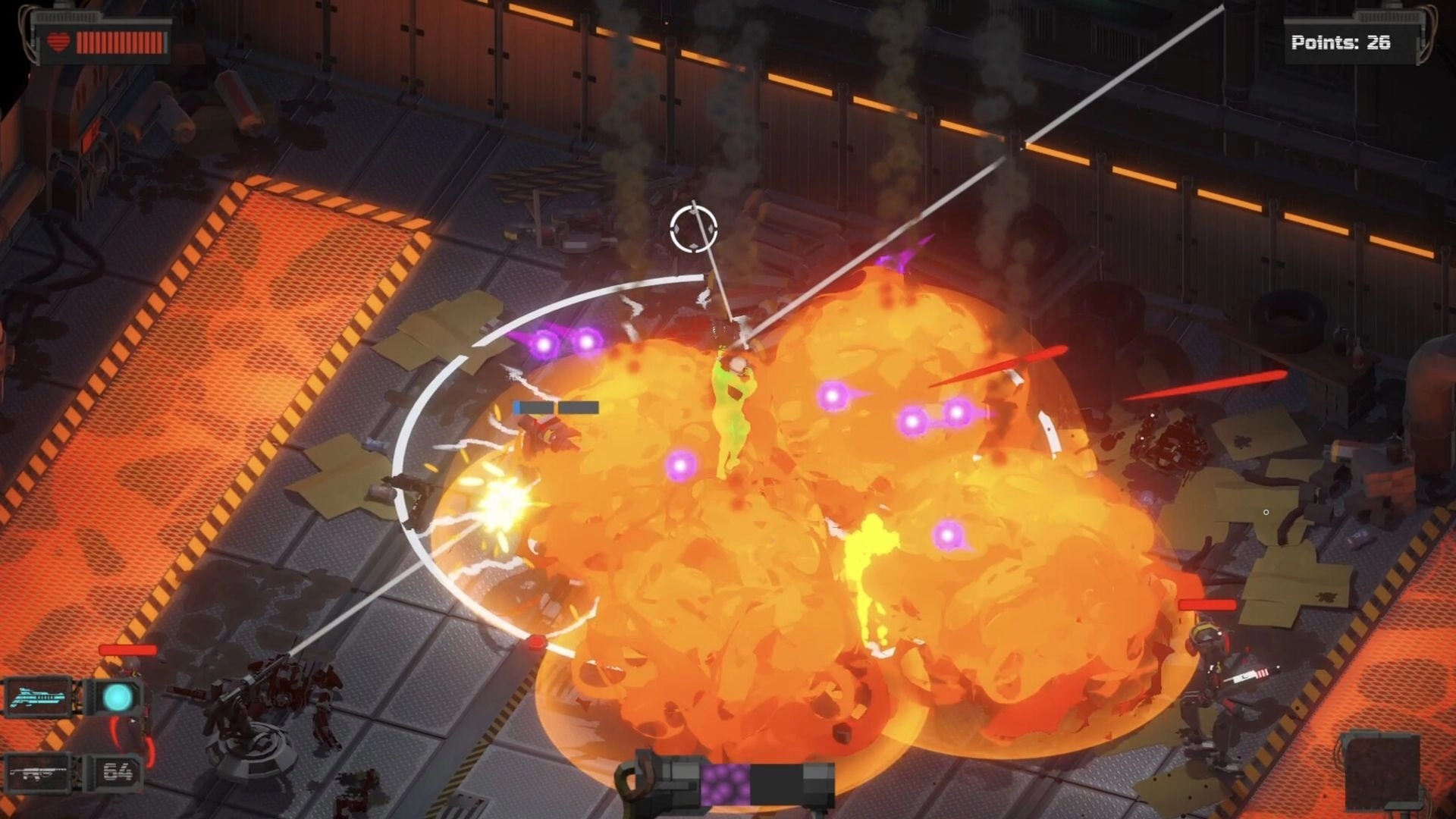 System Breakdown: Player triggers huge explosions amid robots and purple shots in a smoky factory arena UI.