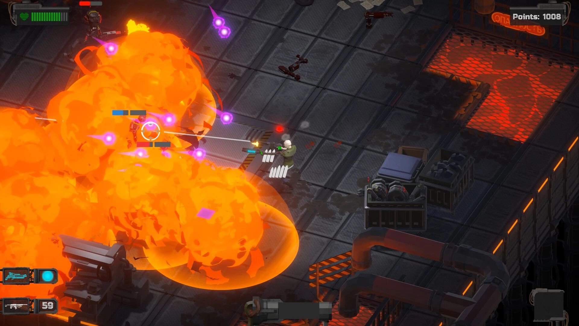 System Breakdown: Soldier fires amid huge explosions and purple shots, points UI in factory corridor.