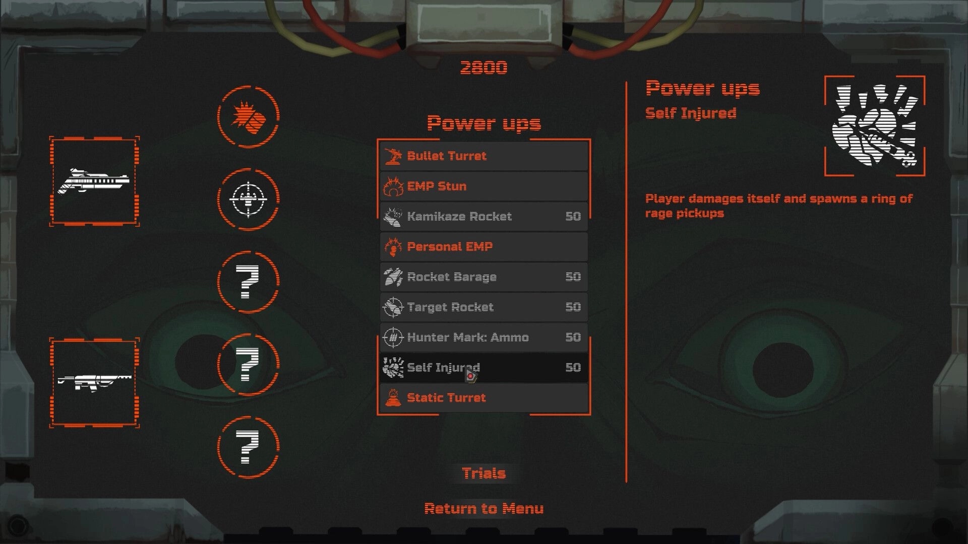 System Breakdown: Power-ups selection menu highlighting Self Injured and weapon icons on dark UI screen.