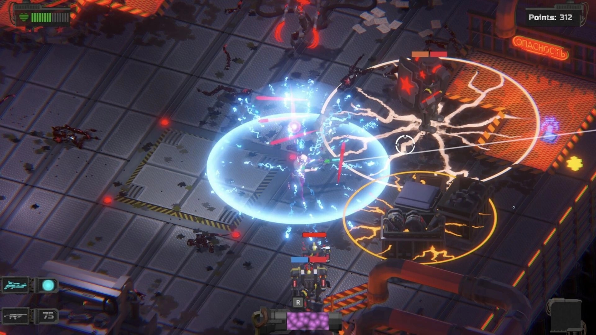 System Breakdown: Player triggers electric shield blast at robots on a metal factory floor with points HUD.