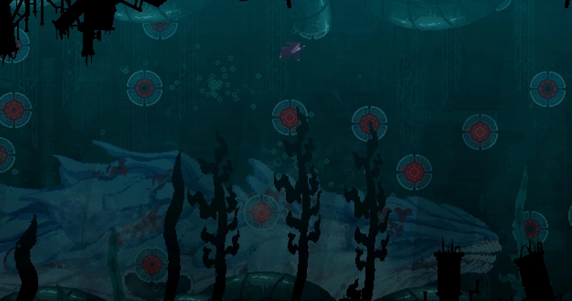 System Purge: Character swims among submerged ruins with red target markers in an underwater environment.