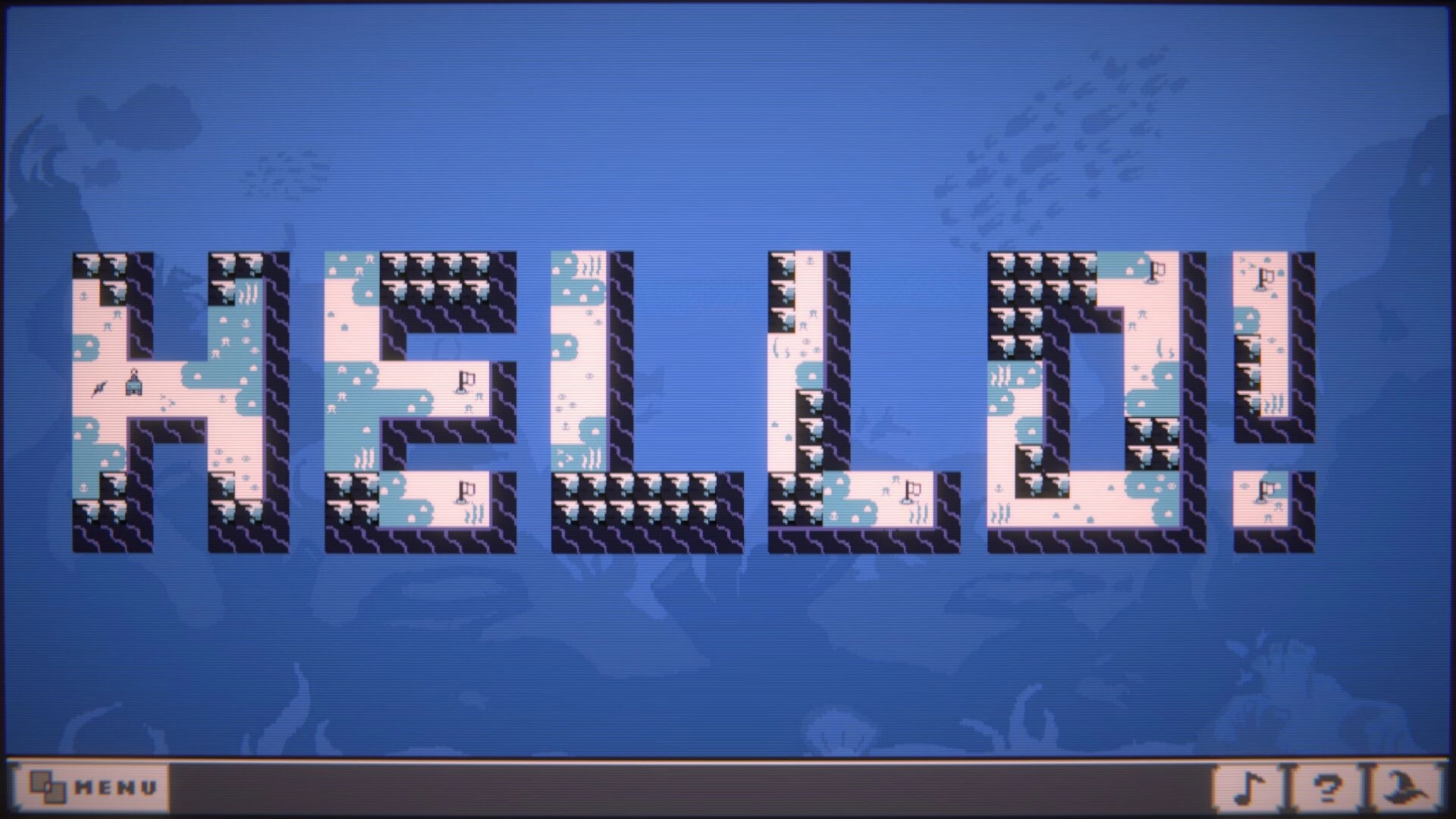 Tabula: Player navigates maze spelling "HELLO!" against a blue background with menu options below.