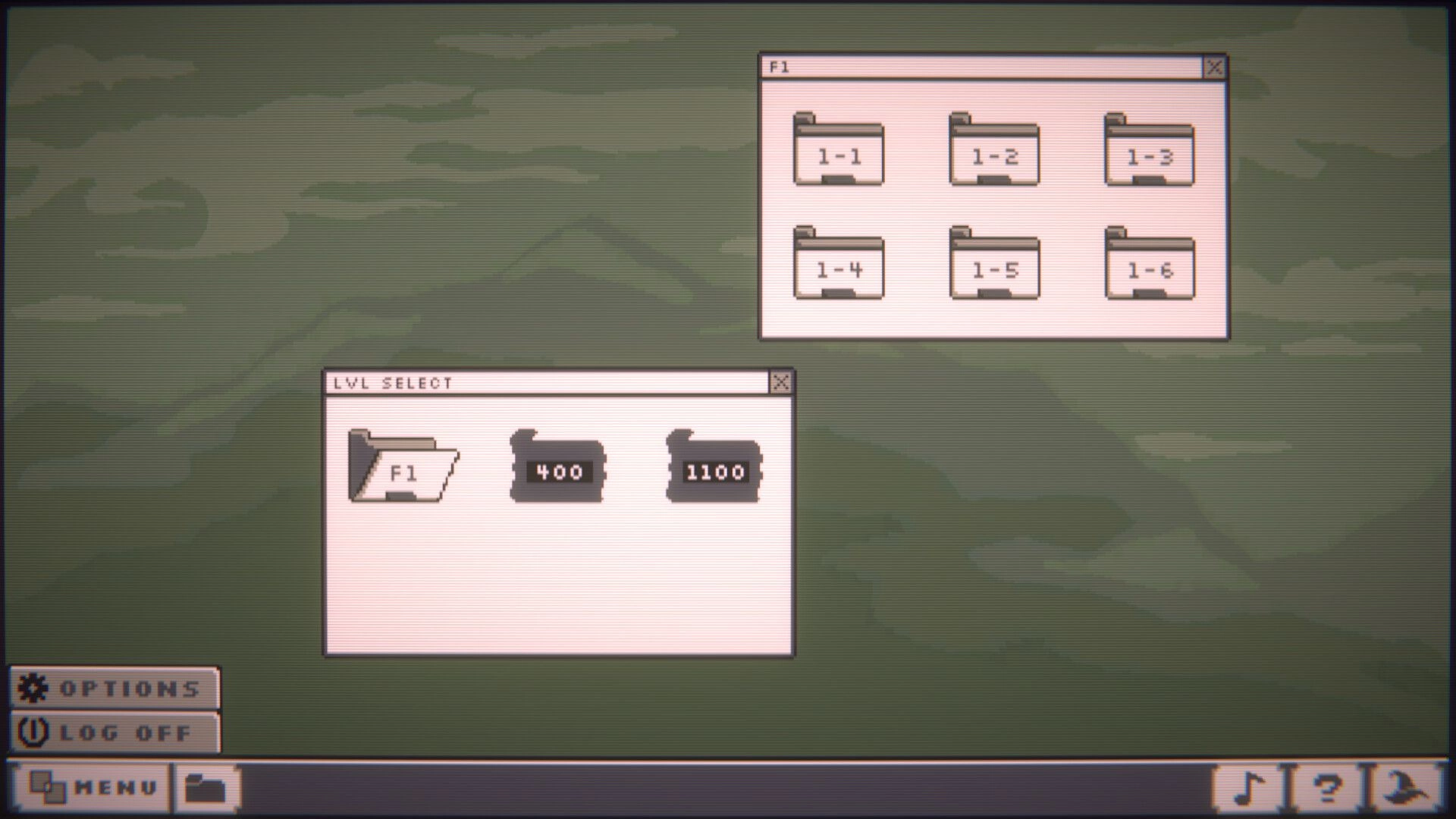 Tabula: Level selection interface with six folders and options menu on a green textured background