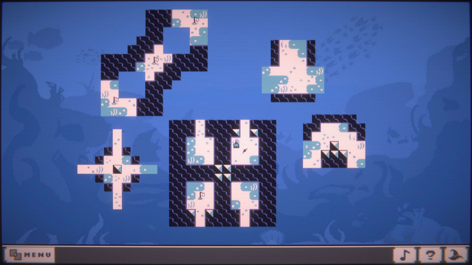 Tabula: Overlapping puzzle windows create a traversable grid landscape with ocean-themed graphics