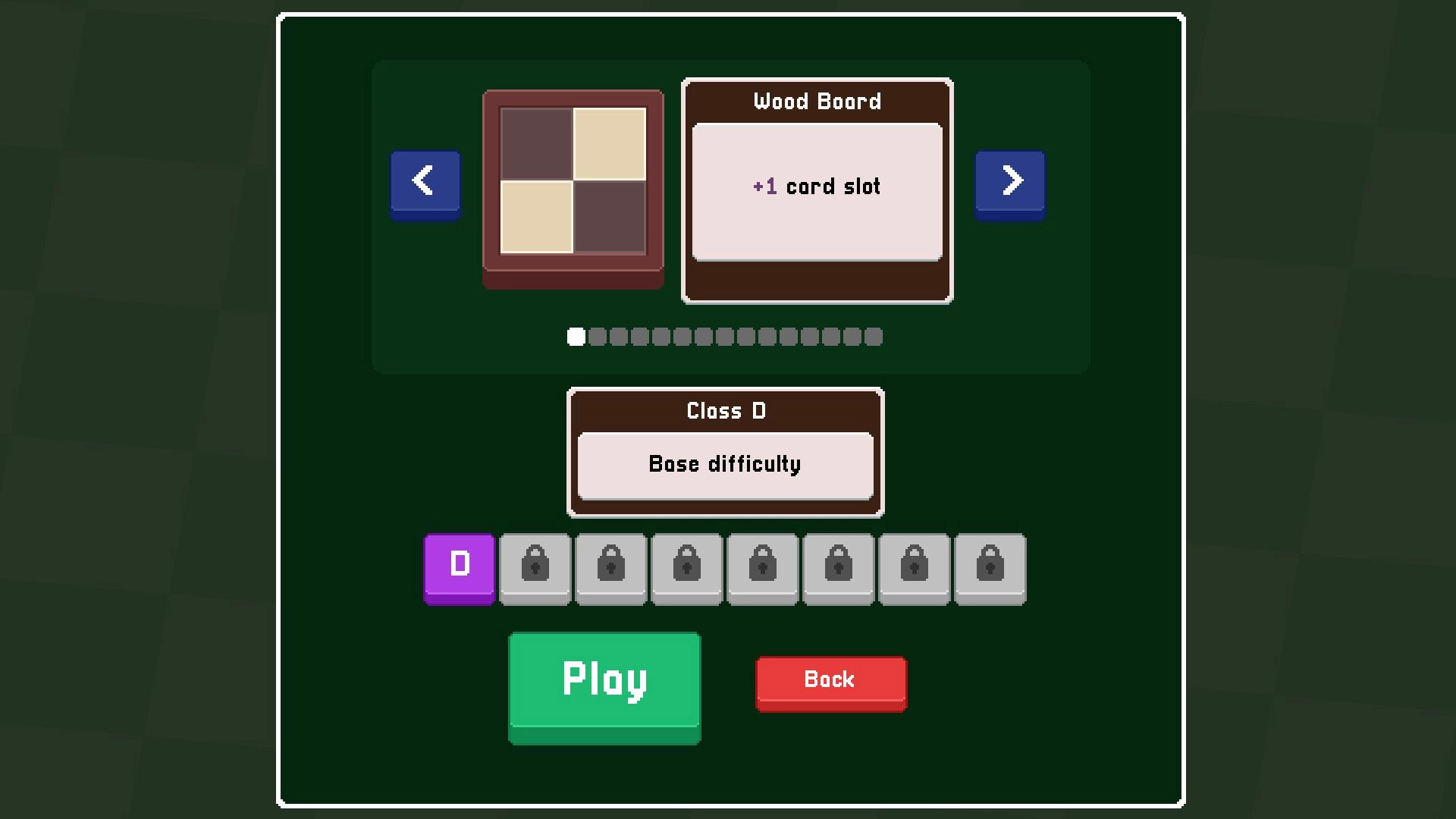 Tabulo: Class D selection screen with wood board, card slots, and play button in menu interface