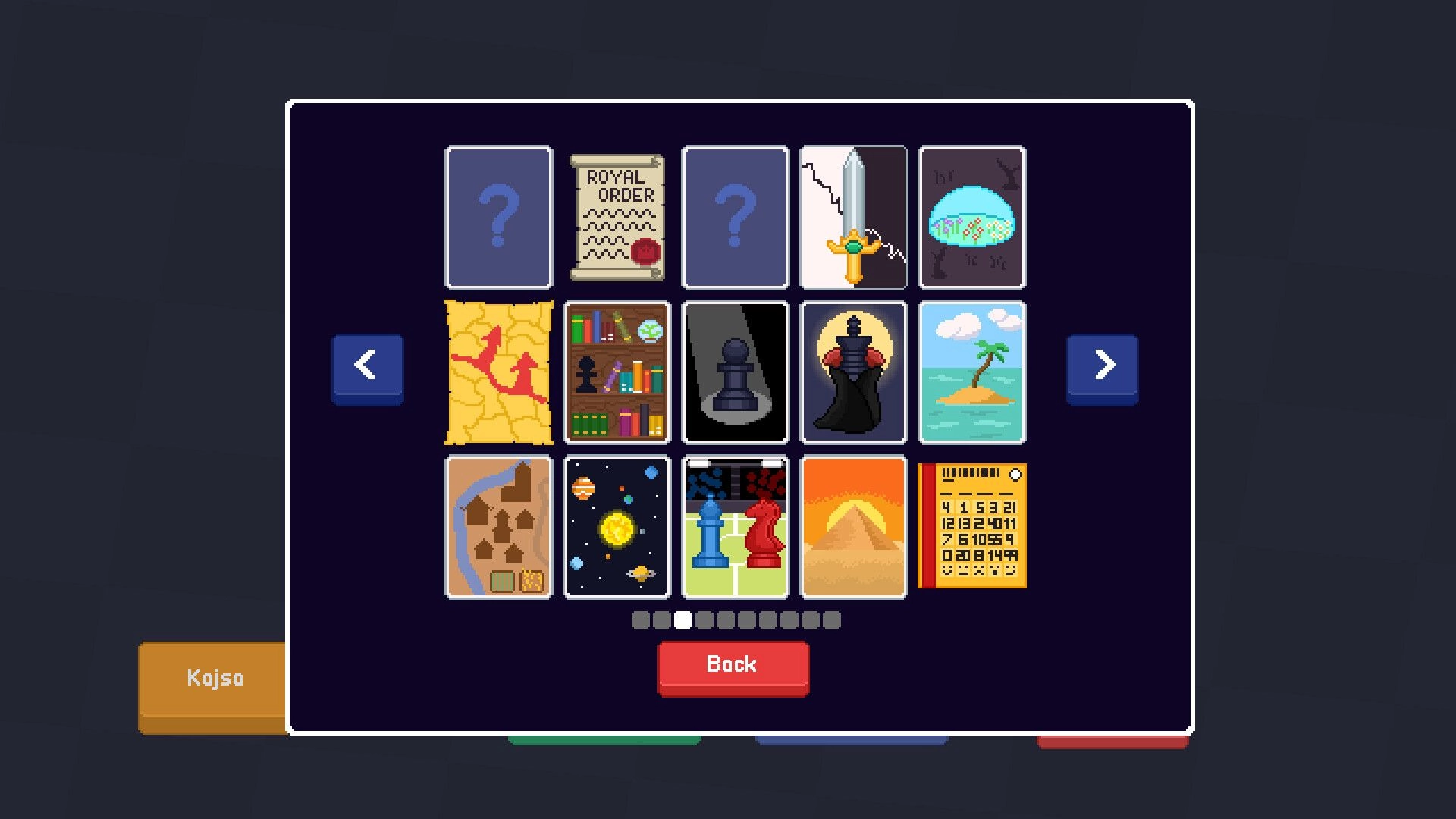 Tabulo: Card selection screen featuring various chess-themed cards and navigation arrows on a dark background.