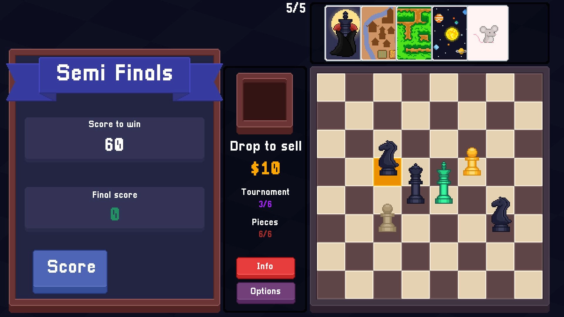 Tabulo: Semi Finals chessboard with pieces, score targets, card icons, and sell option in interface
